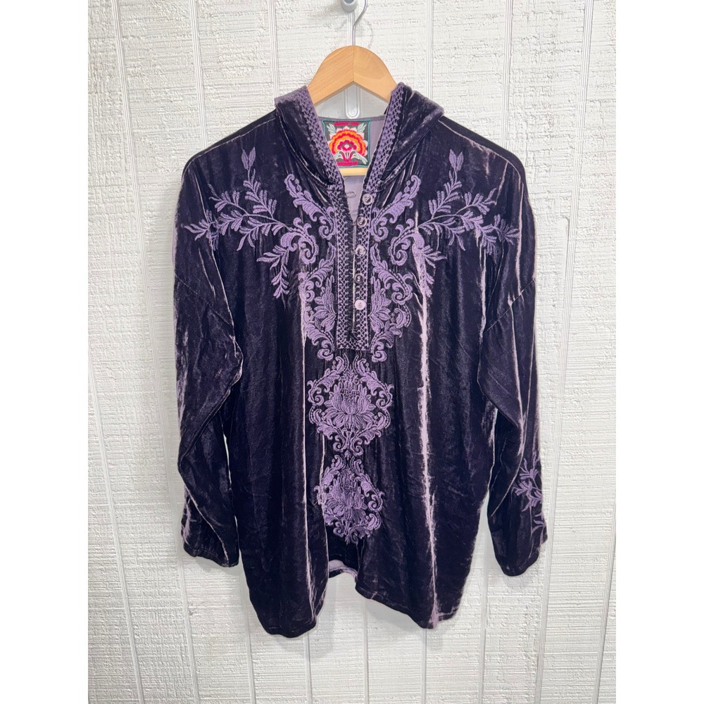 Johnny Was Velvet Hoodie Women Purple Embroidered Boho Tunic Small NEW
